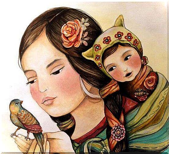 woman, child and sparrow