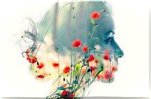 Woman's face with overlapping flowers