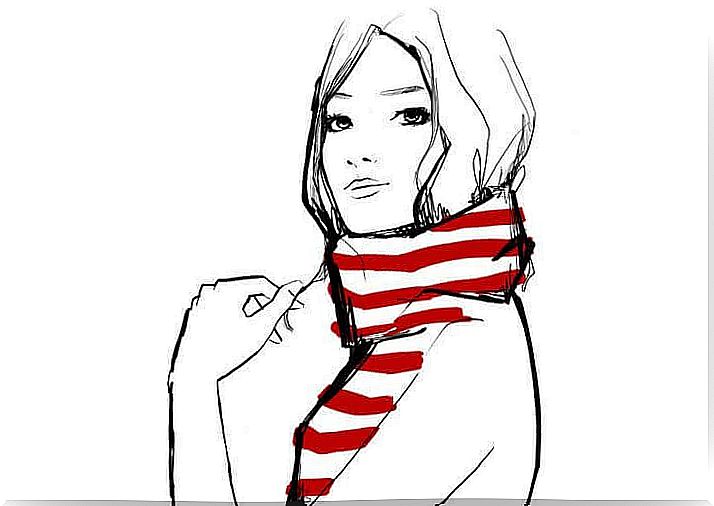 girl with red and white striped scarf