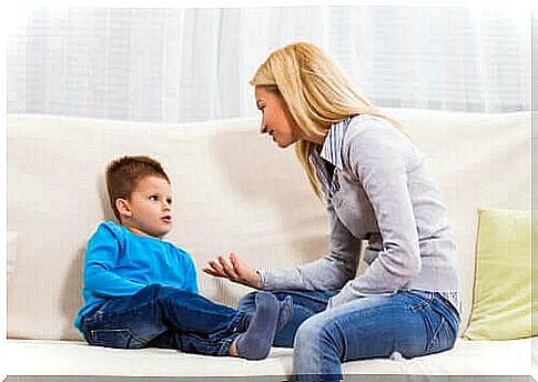 Mother talking to son tagging