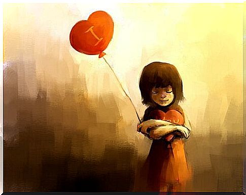 Little girl hugging heart and has heart shaped balloon