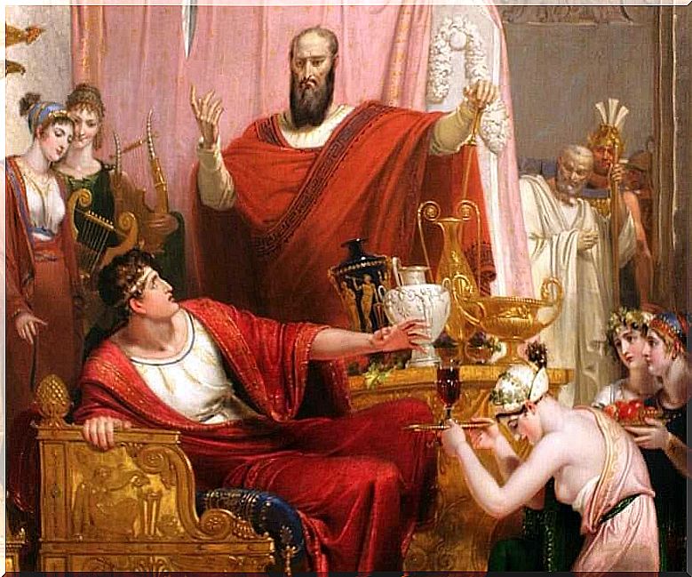 Representation of Damocles during a banquet