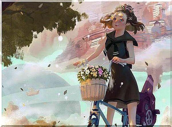 girl on bicycle with flowers in the basket